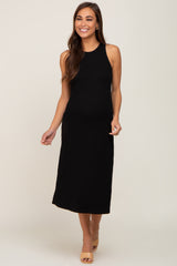 Black Ribbed Sleeveless A-Line Maternity Midi Dress