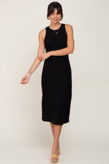 Black Ribbed Sleeveless A-Line Midi Dress