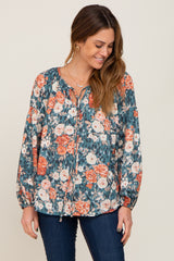 Teal Floral Front Tied Keyhole Long Sleeve Maternity Top