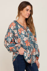 Teal Floral Front Tied Keyhole Long Sleeve Top