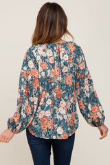 Teal Floral Front Tied Keyhole Long Sleeve Top