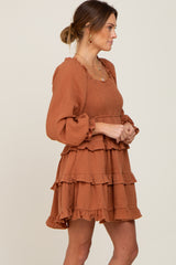 Camel Smocked Ruffle Tiered Long Sleeve Dress