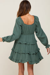 Green Smocked Ruffle Tiered Long Sleeve Dress