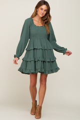 Green Smocked Ruffle Tiered Long Sleeve Dress