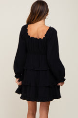 Black Smocked Ruffle Tiered Long Sleeve Dress