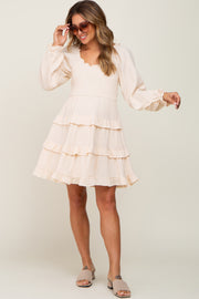 Ivory Smocked Ruffle Tiered Long Sleeve Maternity Dress