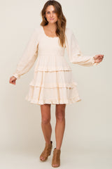 Ivory Smocked Ruffle Tiered Long Sleeve Dress