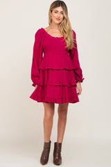 Magenta Smocked Ruffle Tiered Long Sleeve Maternity Dress