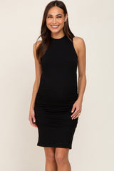 Black Ribbed Ruched Maternity Fitted Dress