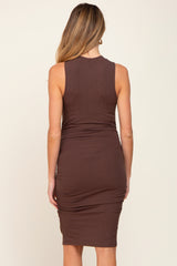 Brown Ribbed Ruched Maternity Fitted Dress