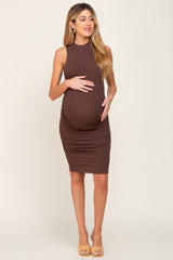 Brown Ribbed Ruched Maternity Fitted Dress