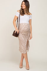 Taupe Leopard Print Drawstring Front Maternity Midi Skirt