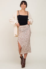 Taupe Leopard Print Drawstring Front Midi Skirt