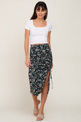 Navy Floral Ruched Slit Midi Skirt