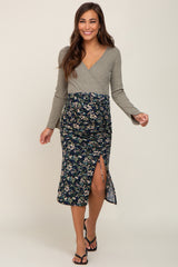 Navy Floral Ruched Slit Maternity Midi Skirt