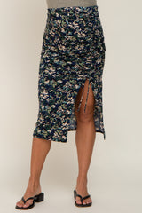 Navy Floral Ruched Slit Maternity Midi Skirt