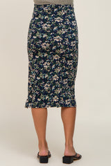 Navy Floral Ruched Slit Maternity Midi Skirt