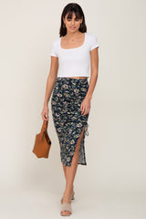 Navy Floral Ruched Slit Midi Skirt