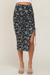 Navy Floral Ruched Slit Midi Skirt