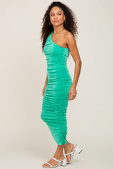 Green One Shoulder Ruched Midi Dress