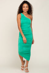 Green One Shoulder Ruched Midi Dress