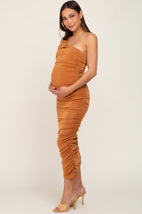 Camel One Shoulder Ruched Maternity Midi Dress