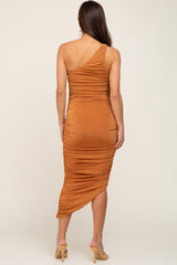 Camel One Shoulder Ruched Maternity Midi Dress