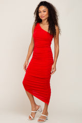 Red One Shoulder Ruched Midi Dress