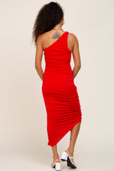 Red One Shoulder Ruched Midi Dress