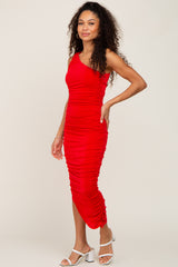 Red One Shoulder Ruched Midi Dress