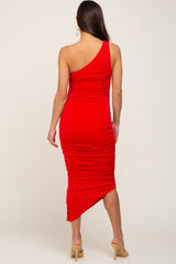 Red One Shoulder Ruched Maternity Midi Dress