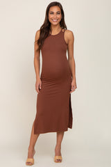 Brown Ribbed Cutout Shoulder Side Slit Maternity Midi Dress