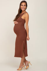 Brown Ribbed Cutout Shoulder Side Slit Maternity Midi Dress