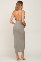 Light Olive Ribbed Racerfront Open Back Maternity Maxi Dress