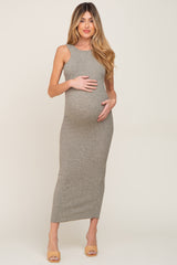 Light Olive Ribbed Racerfront Open Back Maternity Maxi Dress