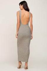 Light Olive Ribbed Racerfront Open Back Maxi Dress