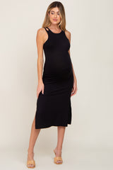 Black Ribbed Cutout Shoulder Side Slit Maternity Midi Dress