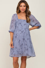 Blue Floral 3/4 Sleeve Chiffon Maternity Dress