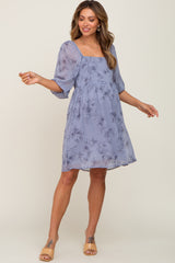 Blue Floral 3/4 Sleeve Chiffon Maternity Dress