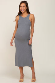 Grey Ribbed Cutout Shoulder Side Slit Maternity Midi Dress