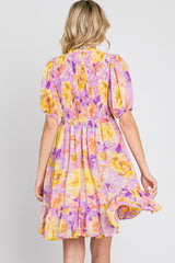 Lavender Floral Deep V-Neck Smocked Dress