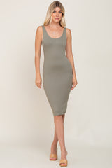 Light Olive Ribbed Scoop Neck Fitted Dress