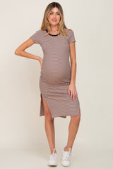 Beige Striped Side Slit Fitted Maternity Midi Dress