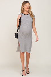 White Striped Side Slit Fitted Maternity Midi Dress