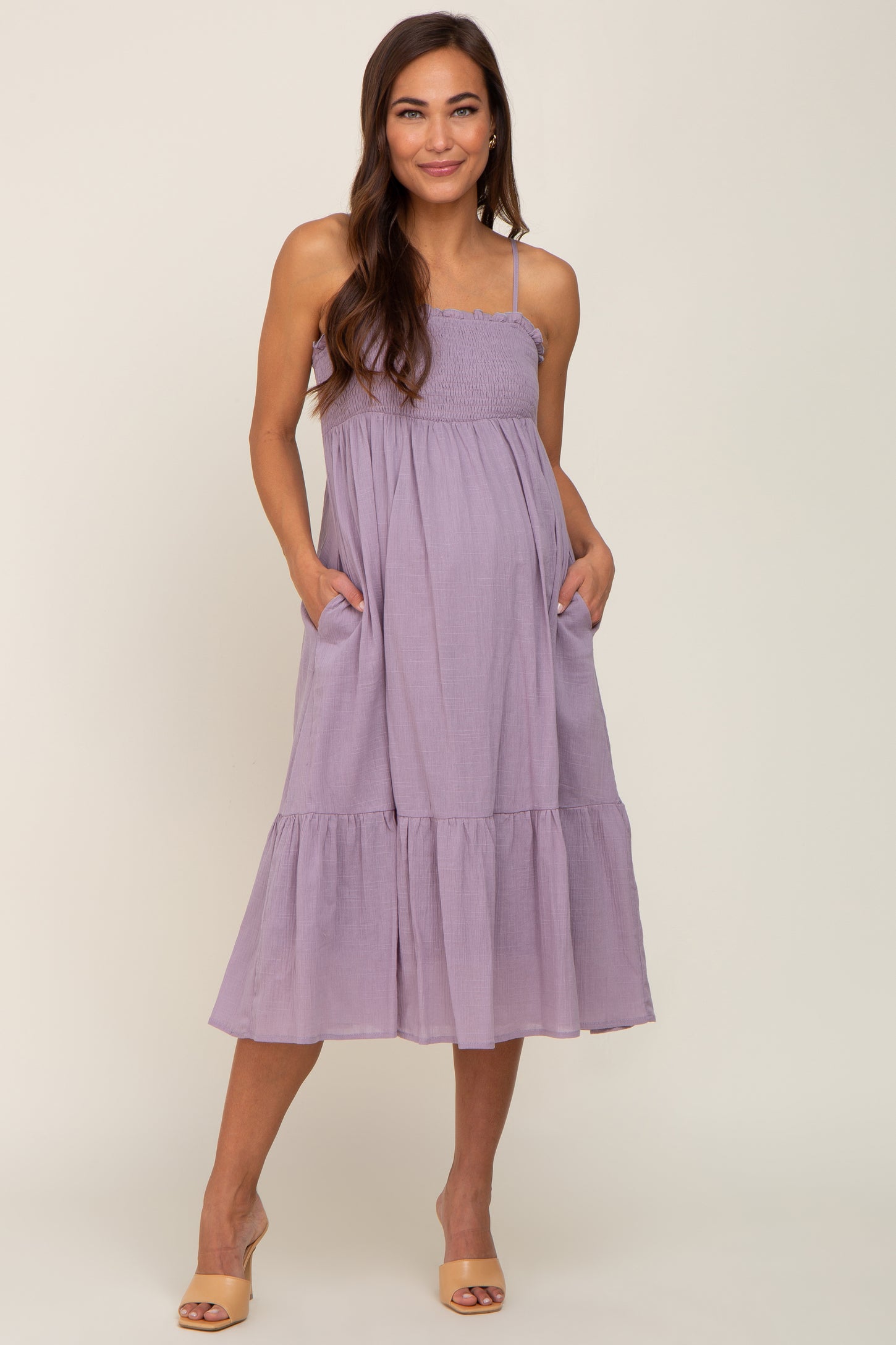 Lavender Smocked Sleeveless Linen Maternity Midi Dress Pinkblush