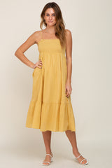 Yellow Smocked Sleeveless Linen Midi Dress