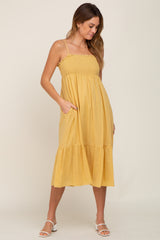 Yellow Smocked Sleeveless Linen Midi Dress