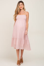 Light Pink Smocked Sleeveless Linen Maternity Midi Dress