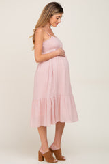 Light Pink Smocked Sleeveless Linen Maternity Midi Dress