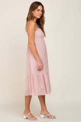 Light Pink Smocked Sleeveless Linen Midi Dress